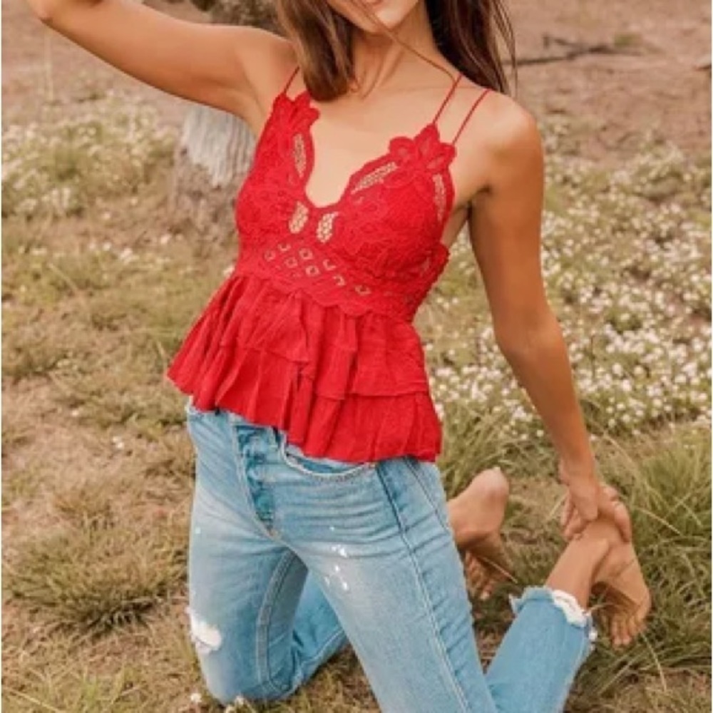 New Free People Adella Strappy Cami Cherry Red Lace Boho